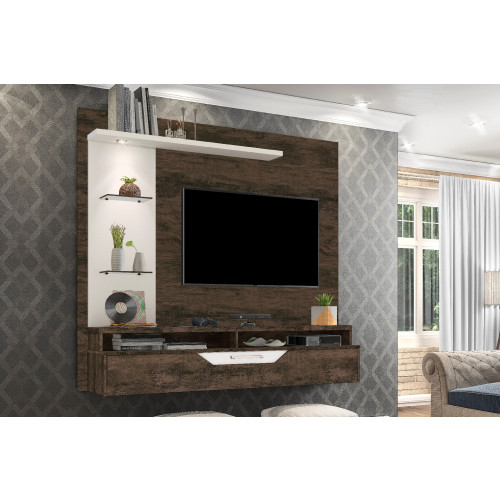 PAINEL HOME SUSPENSO LED PARA TV 60 POLEGADAS 180CM COM PRATELEIRA E PORTA ZEUS NOGAL/OFF WHITE