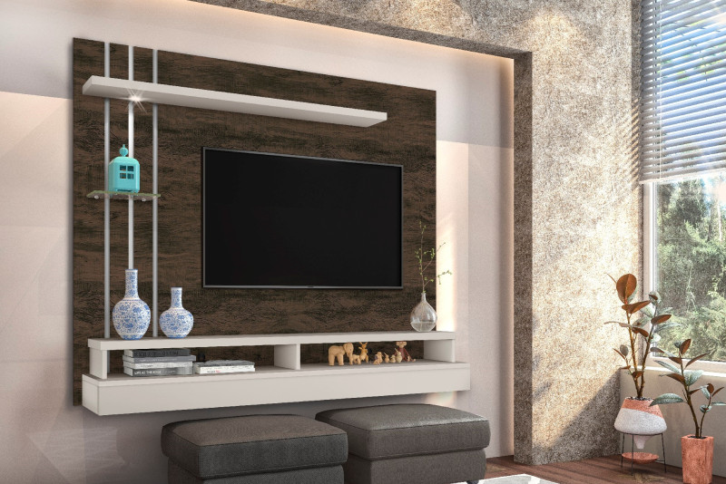 PAINEL HOME SUSPENSO LED PARA TV 55 POLEGADAS 160CM COM PRATELEIRA E NICHO EROS NOGAL/OFF WHITE