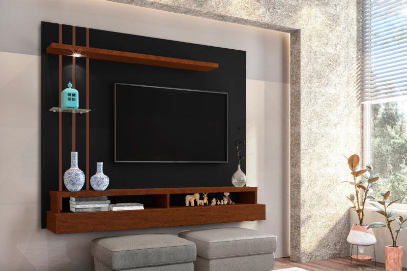 PAINEL HOME SUSPENSO LED PARA TV 55 POLEGADAS 160CM COM PRATELEIRA E NICHO EROS PRETO/CANELA