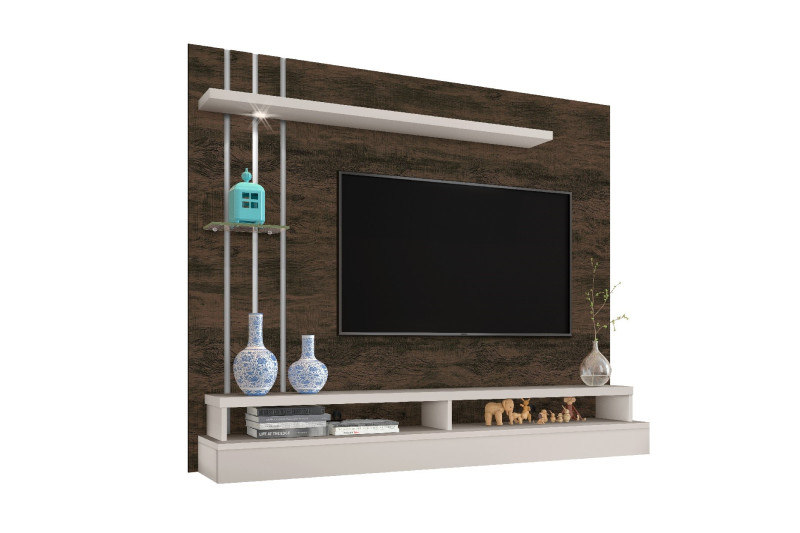 PAINEL HOME SUSPENSO LED PARA TV 55 POLEGADAS 160CM COM PRATELEIRA E NICHO EROS NOGAL/OFF WHITE