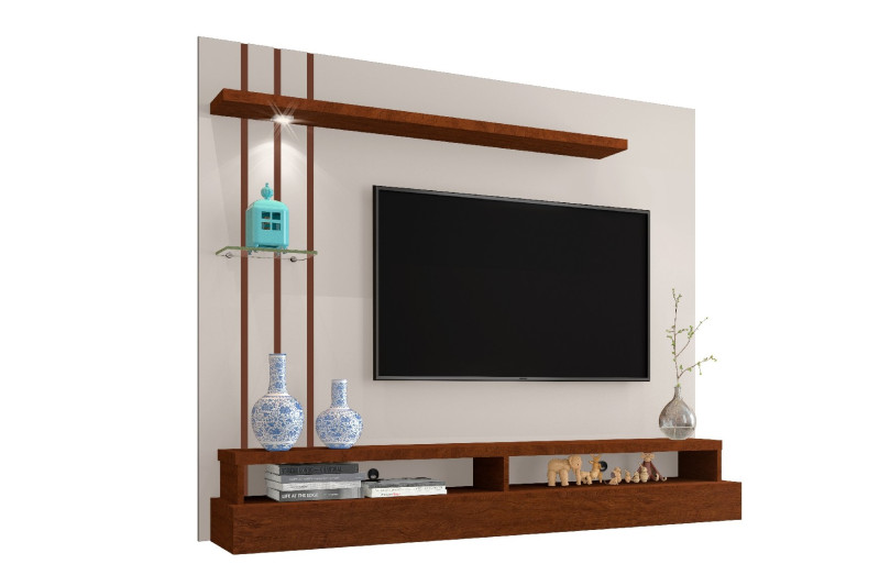 PAINEL HOME SUSPENSO LED PARA TV 55 POLEGADAS 160CM COM PRATELEIRA E NICHO EROS OFF WHITE/CANELA