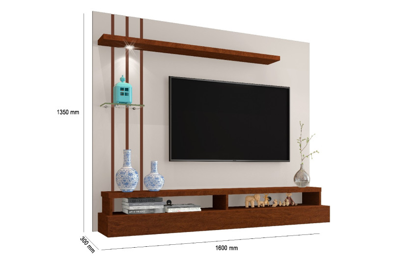 PAINEL HOME SUSPENSO LED PARA TV 55 POLEGADAS 160CM COM PRATELEIRA E NICHO EROS OFF WHITE/CANELA