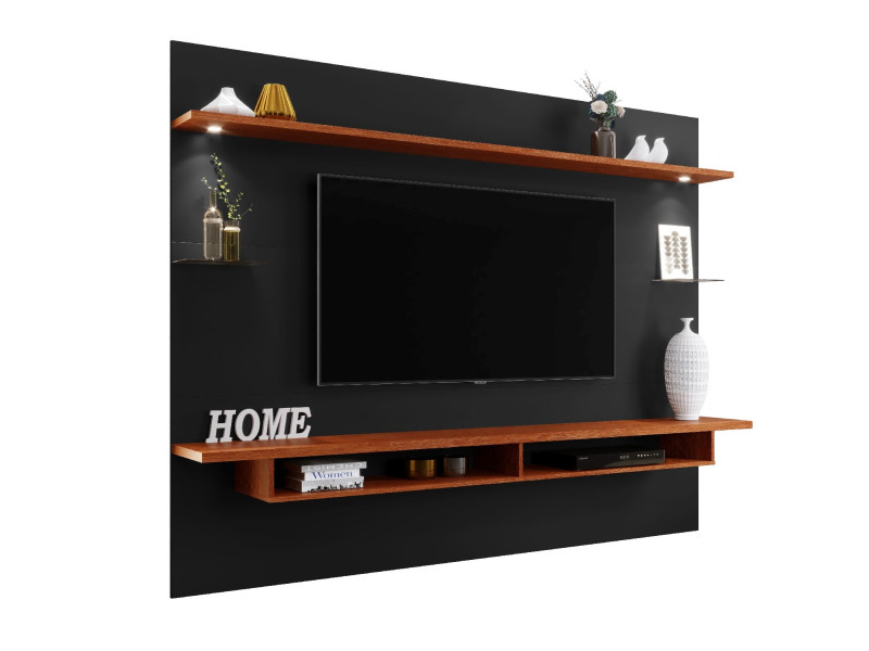 PAINEL HOME SUSPENSO PARA TV 75 POLEGADAS 218CM COM PRATELEIRA E NICHO VICTORIA PRETO/CANELA