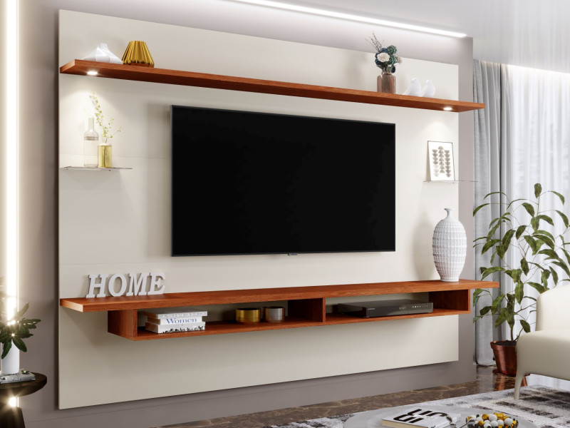 PAINEL HOME SUSPENSO PARA TV 75 POLEGADAS 218CM COM PRATELEIRA E NICHO VICTORIA OFF WHITE/CANELA