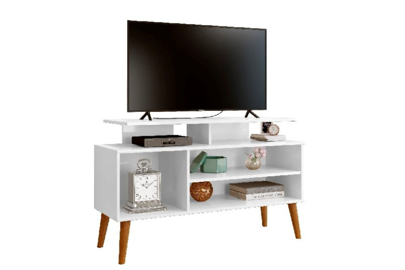 RACK BANCADA RETRO TV 42 POLEGADAS 110CM PRATELEIRA E NICHO LYON BRANCO