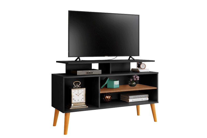 RACK BANCADA RETRO TV 42 POLEGADAS 110CM PRATELEIRA E NICHO LYON PRETO/PRETO/CANELA