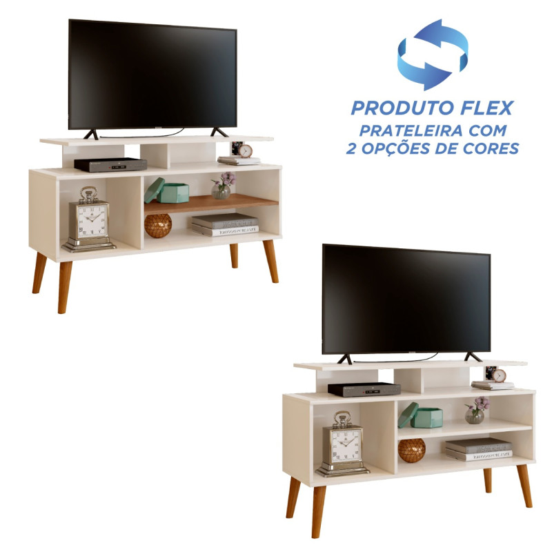 RACK BANCADA RETRO TV 42 POLEGADAS 110CM PRATELEIRA E NICHO LYON OFF WHITE/OFF WHITE/CANELA