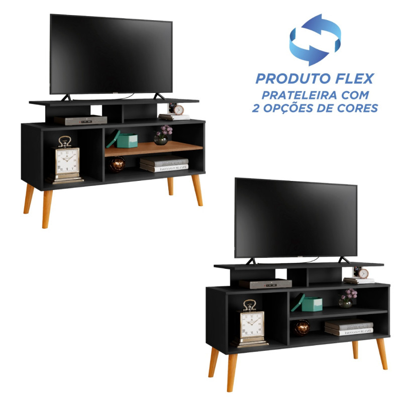 RACK BANCADA RETRO TV 42 POLEGADAS 110CM PRATELEIRA E NICHO LYON PRETO/PRETO/CANELA