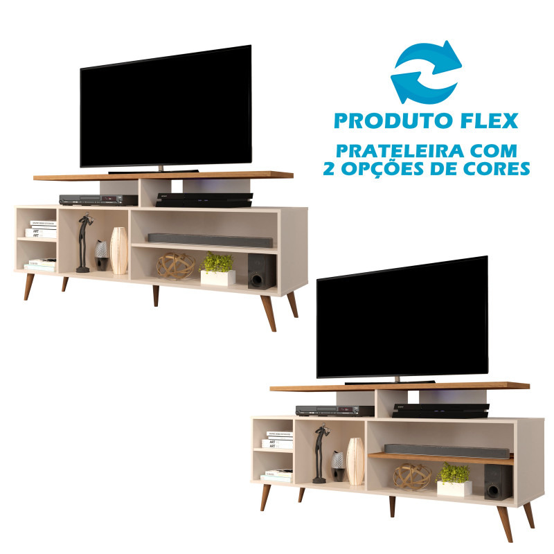 RACK BANCADA RETRO TV 65 POLEGADAS 160CM PRATELEIRA VIENA OFF WHITE/CANELA