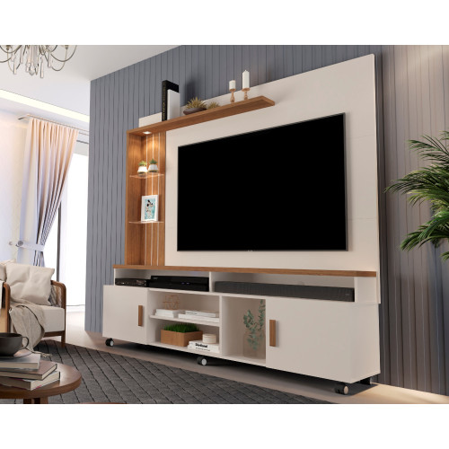 HOME PAINEL LED PARA TV 65 POLEGADAS 186CM COM PRATELEIRA E 2 PORTAS OCEAN OFF WHITE/CANELA