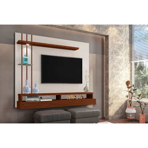 PAINEL HOME SUSPENSO LED PARA TV 55 POLEGADAS 160CM COM PRATELEIRA E NICHO EROS OFF WHITE/CANELA