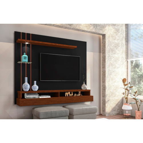 PAINEL HOME SUSPENSO LED PARA TV 55 POLEGADAS 160CM COM PRATELEIRA E NICHO EROS PRETO/CANELA