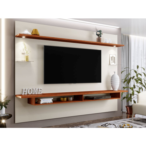 PAINEL HOME SUSPENSO PARA TV 75 POLEGADAS 218CM COM PRATELEIRA E NICHO VICTORIA OFF WHITE/CANELA