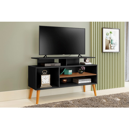 RACK BANCADA RETRO TV 42 POLEGADAS 110CM PRATELEIRA E NICHO LYON PRETO/PRETO/CANELA