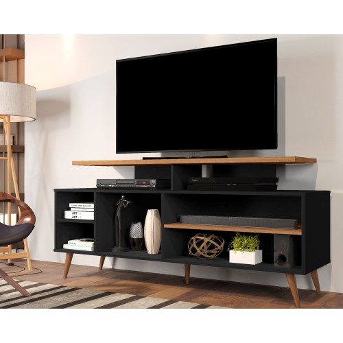 RACK BANCADA RETRO TV 65 POLEGADAS 160CM PRATELEIRA VIENA PRETO/CANELA