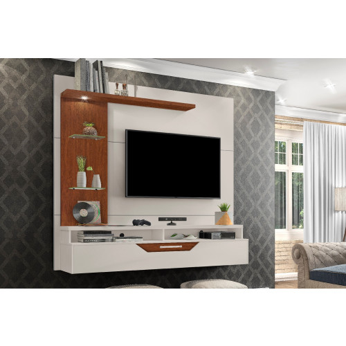 PAINEL HOME SUSPENSO LED PARA TV 60 POLEGADAS 180CM COM PRATELEIRA E PORTA ZEUS OFF WHITE/CANELA