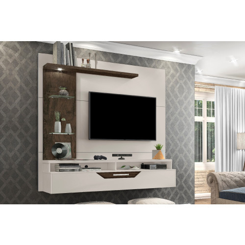 PAINEL HOME SUSPENSO LED PARA TV 60 POLEGADAS 180CM COM PRATELEIRA E PORTA ZEUS OFF WHITE/NOGAL